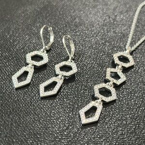 EUC Touchstone Crystal Swarovski Silver Hexagon geometric necklace earrings set